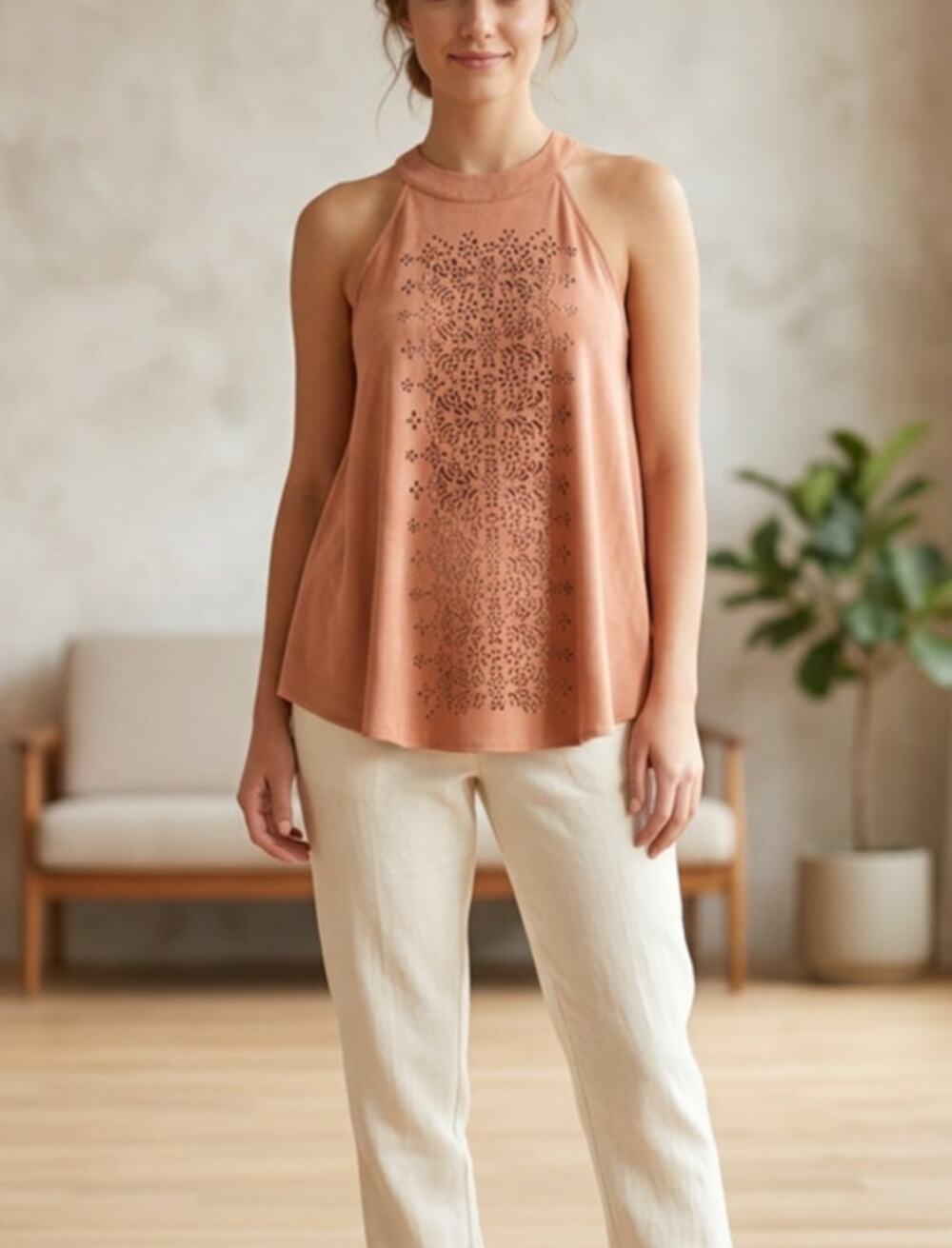Taylor & Sage Tank Sleeveless Top Sz S Pink microsuede lasercut halter
